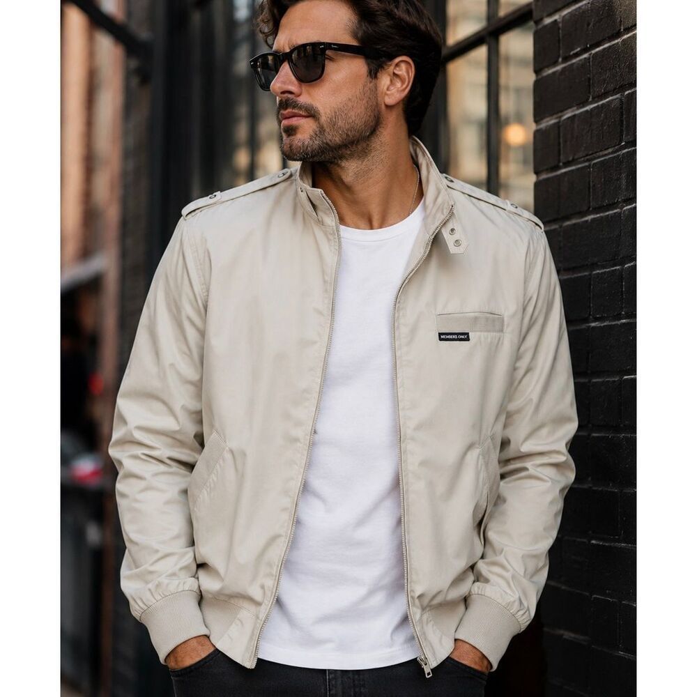 Vintage Members Only Beige Racer Bomber Full Zip Jacket Men’s Medium 80’s Classi